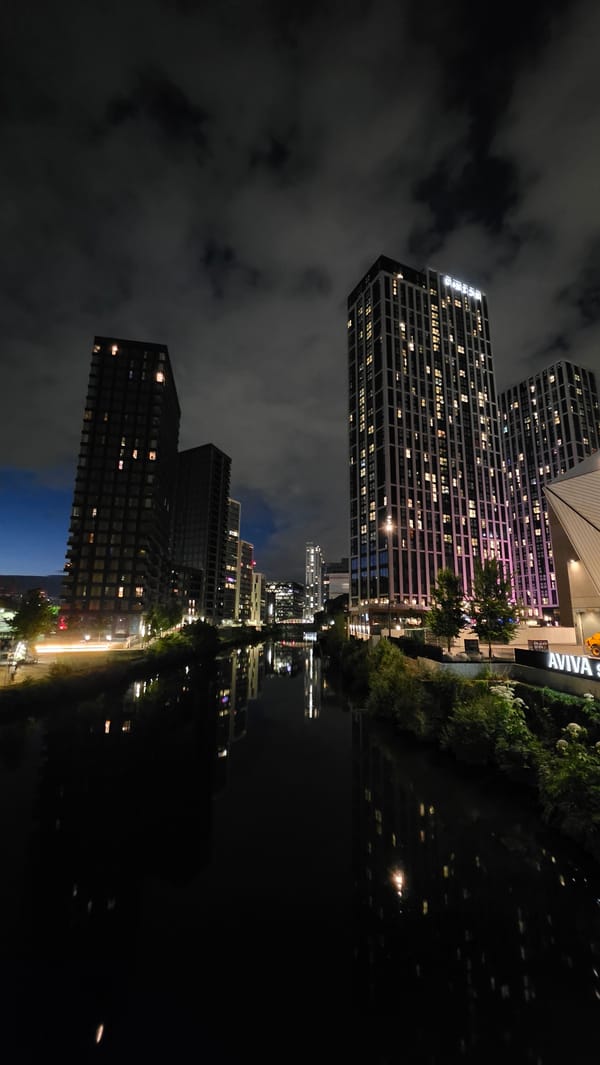Manchester's canals and river lit up at night