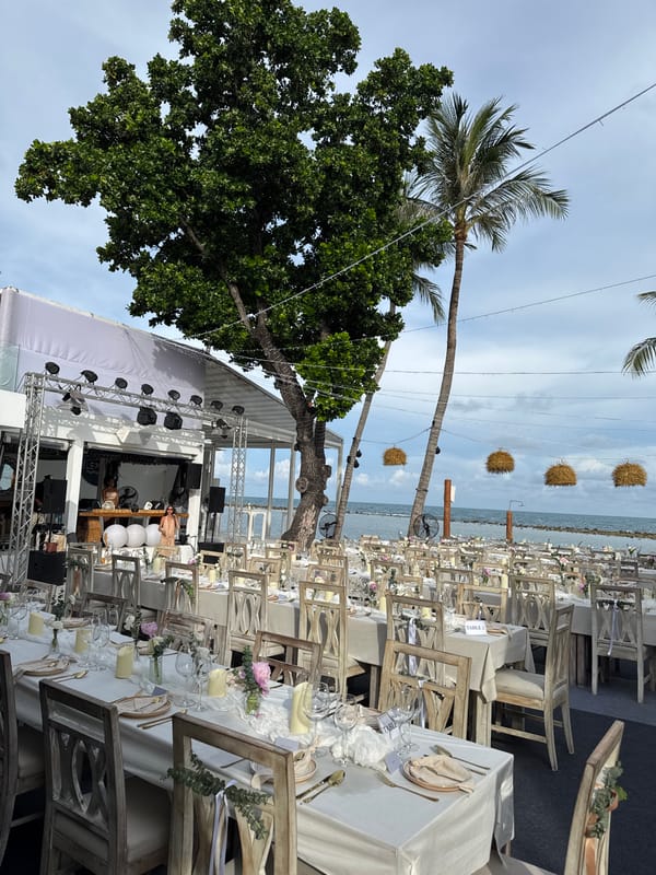 Beachside wedding reception held in บ้านบางรักษ์, Thailand