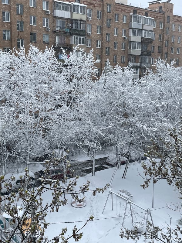 Snow falls on brick building in unidentified urban area