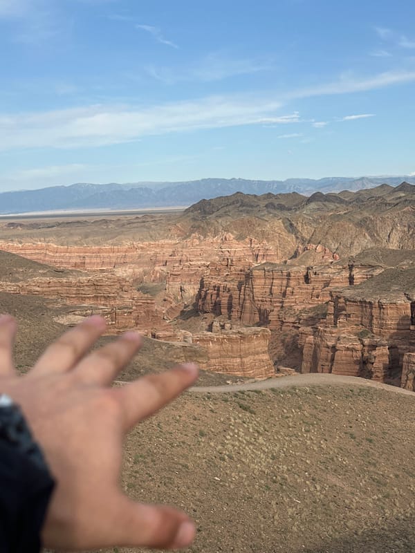 Red rock canyon explored from multiple angles in Tamerlik, Kazakhstan