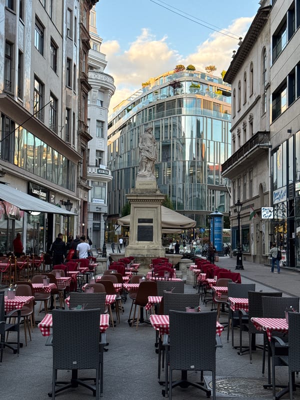 Budapest pedestrian street bustling with mixed architecture documented