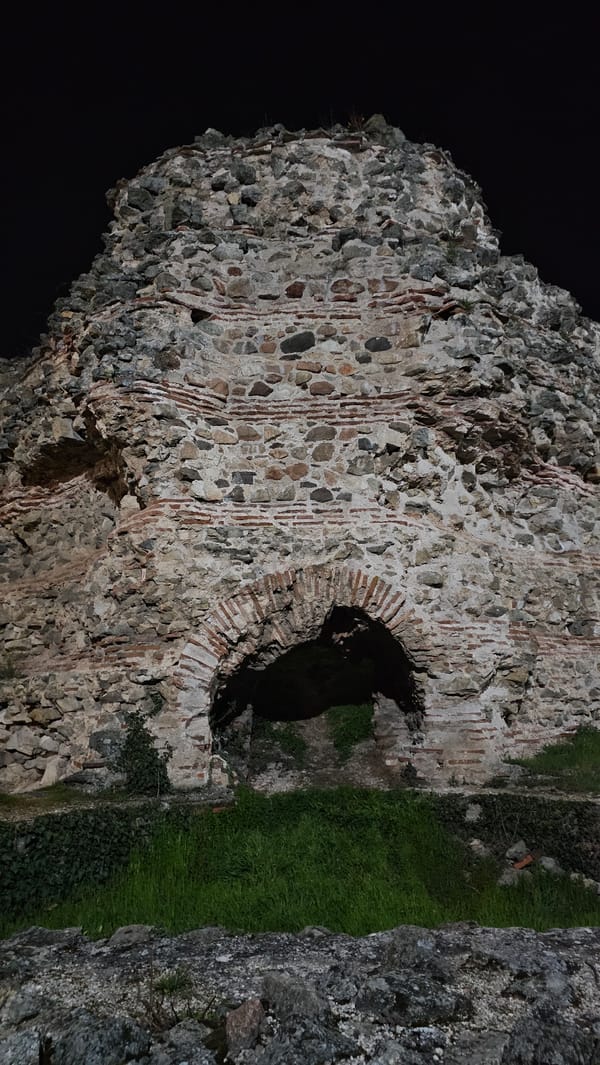 Nighttime views of ancient Roman ruins in Hisarya