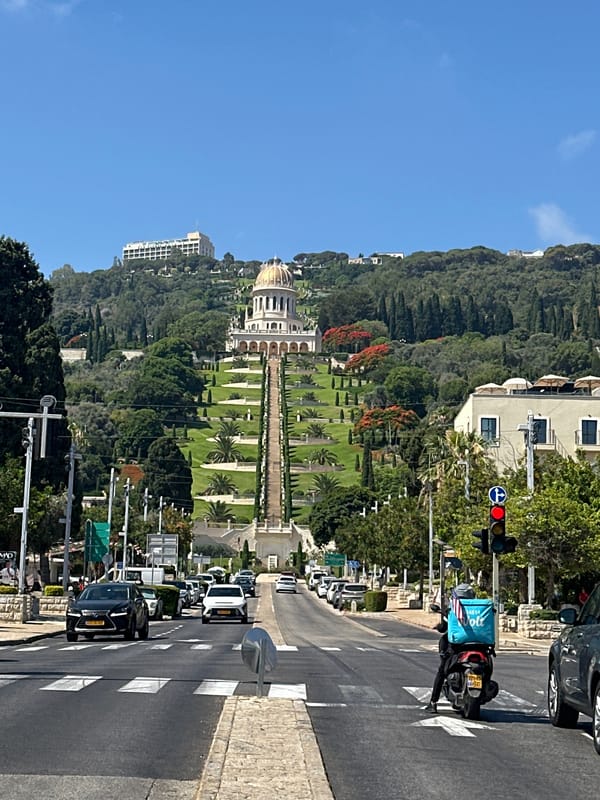 Bougainvillea and the Baháʼí golden dome, Haifa