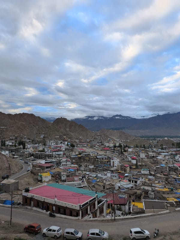 Leh from every angle: palace, monastery, prayer flags, mountains