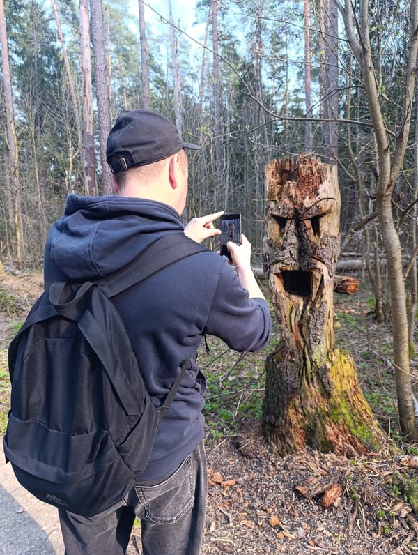 Forest visitors photograph wooden sculptures, wildlife near Chernogolovka, Russia