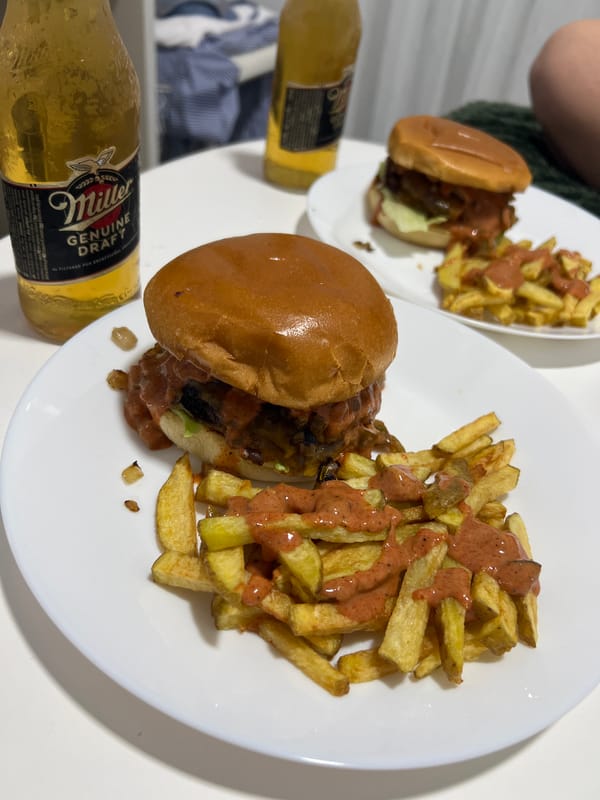 Burger and fries dinner documented in Mogán, Spain