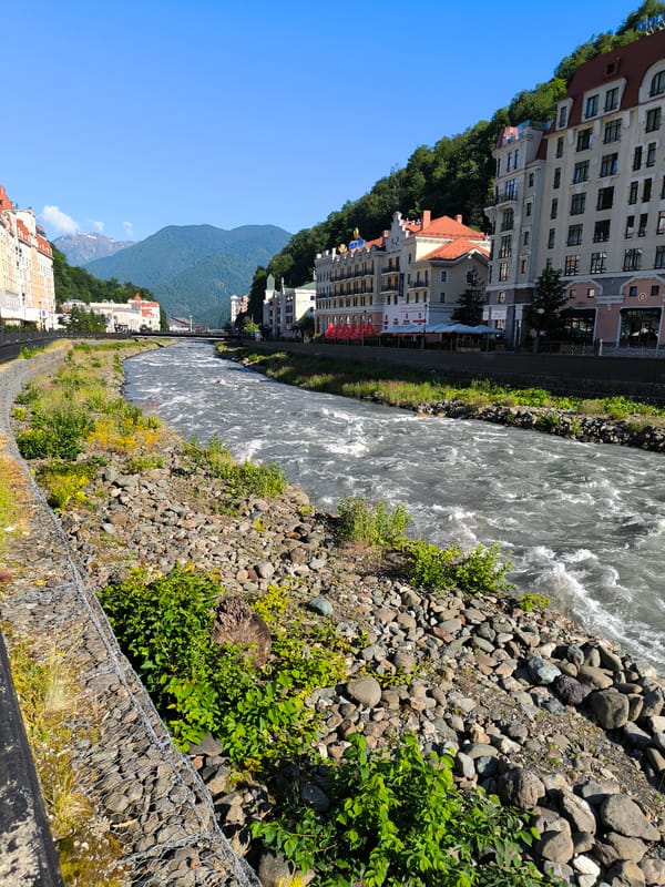 Mzymta River running high and turbulent through Estosadok