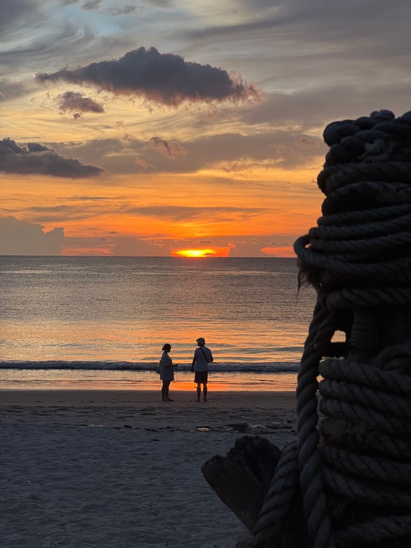 Two people witness sunset on beach, silhouettes against golden sky