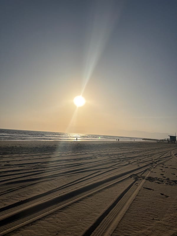 Beach activity captured in Los Angeles with tire tracks