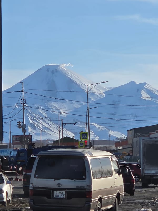 Snow-capped mountain visible from city streets during evening hours