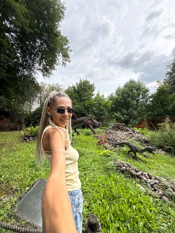 Afternoon at an outdoor dinosaur park in Rusanovo, Russia