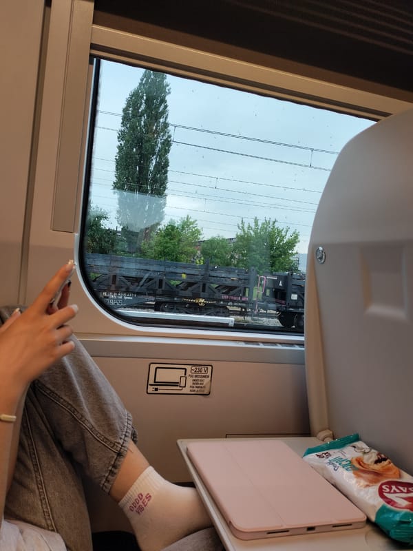 Solo train passenger documents rural countryside journey at sunset