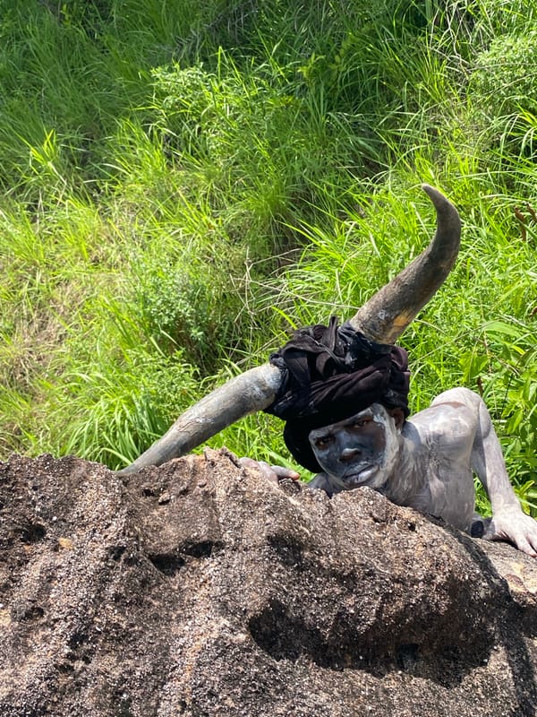 Horned costumed figure documented on rocks in Ufueseni, Nigeria