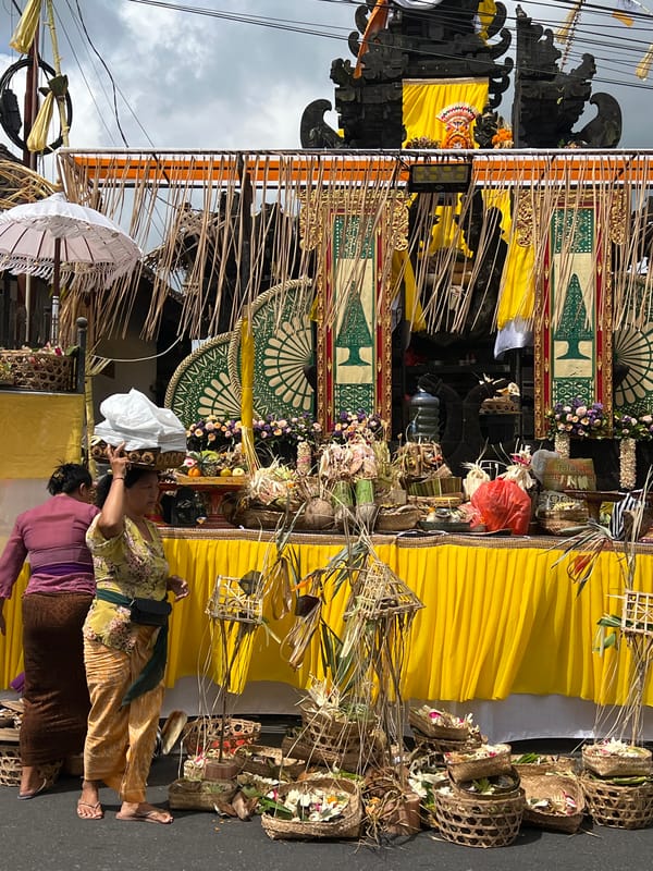 Balinese Hindu ceremony observed in Tegallalang with traditional offerings