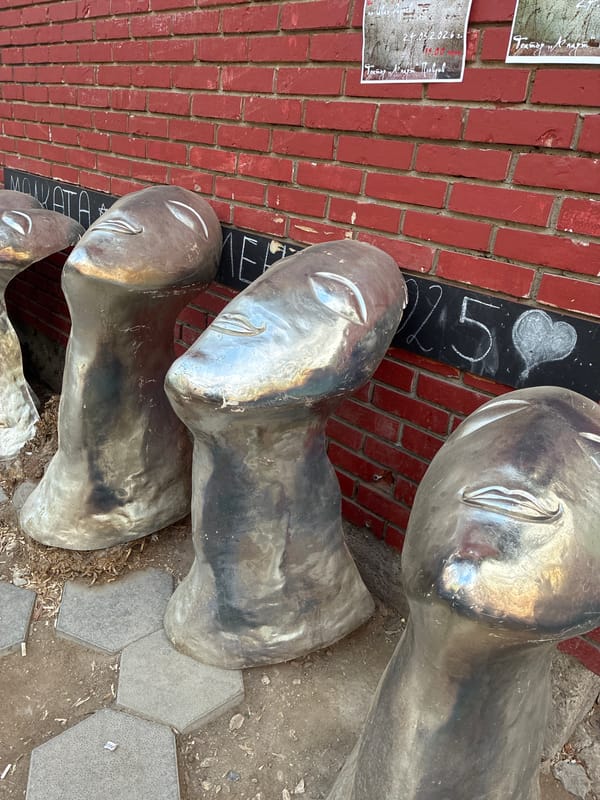 Metallic human head sculptures spotted on Plovdiv street