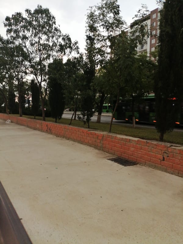 Streetside walkway along a brick wall in Rustavi, Georgia