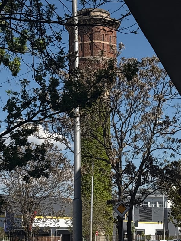 Sofia Water Tower captured from unusual angle underneath structure