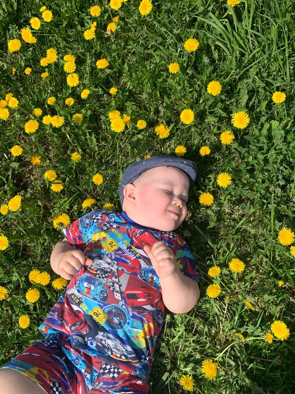 Child rests in dandelion field in rural Russia