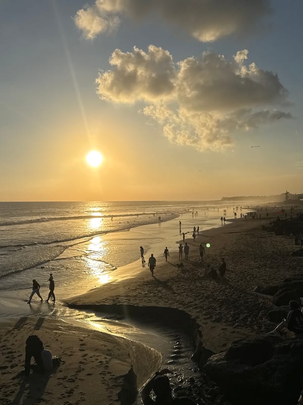 Sunset and traditional ceremony preparations witnessed in North Kuta