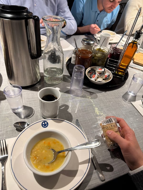 Man enjoys breakfast with condiments in Mirabel