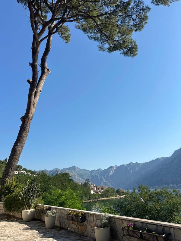 Morning tea on a stone patio overlooking the Bay of Kotor