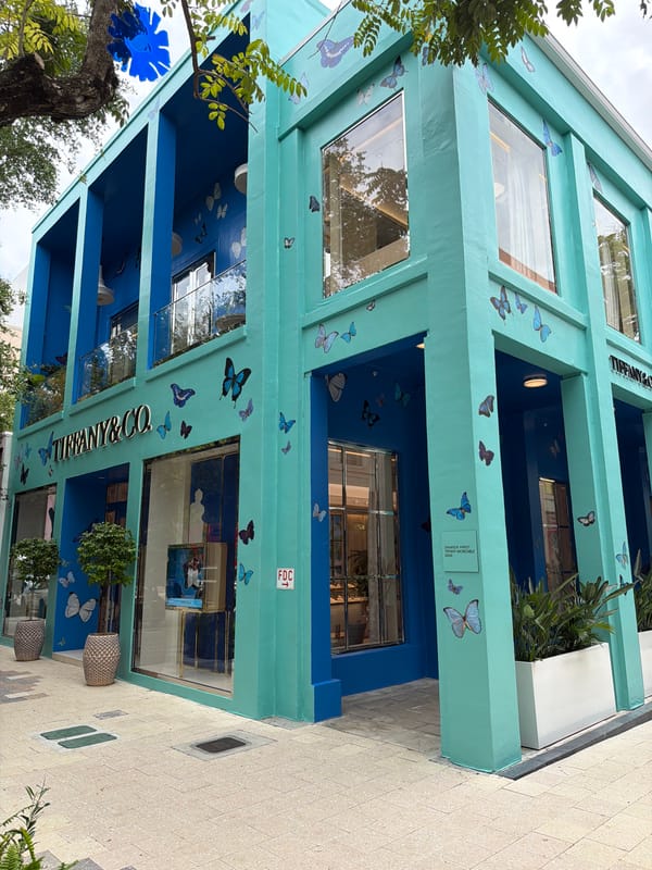 Tiffany building displays butterfly artwork in turquoise and blue