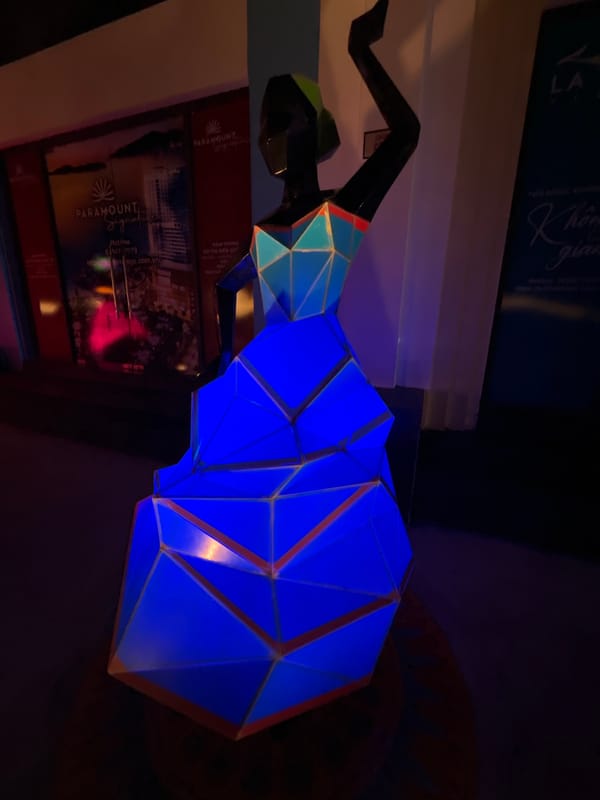 Illuminated geometric art installations documented in Vietnam's Nha Trang district