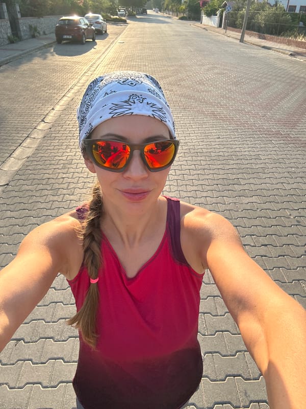 Selfie stop on a cobblestone street in Fethiye, Turkey