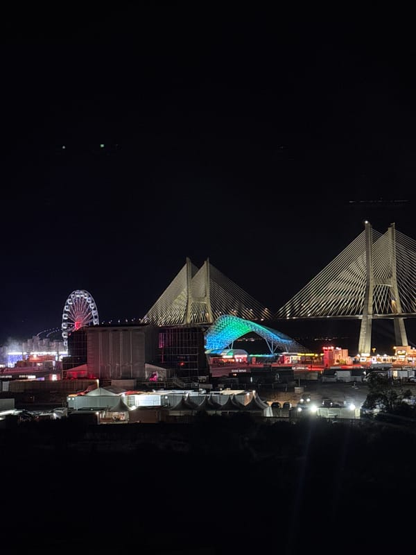Lit-up Ferris wheel and waterfront festival, Loures at night