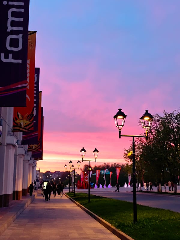 Sunset street scene captured in Dmitrov, Russia