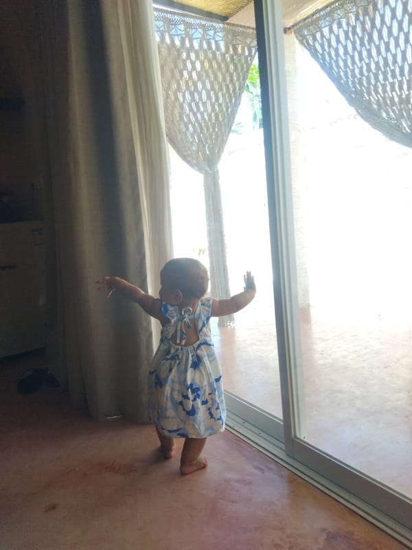 Domestic morning moments captured: baby, caregiver, home spaces documented
