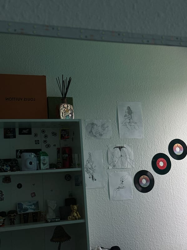 Vinyl records, bead art, and shelves inside a Roskilde apartment