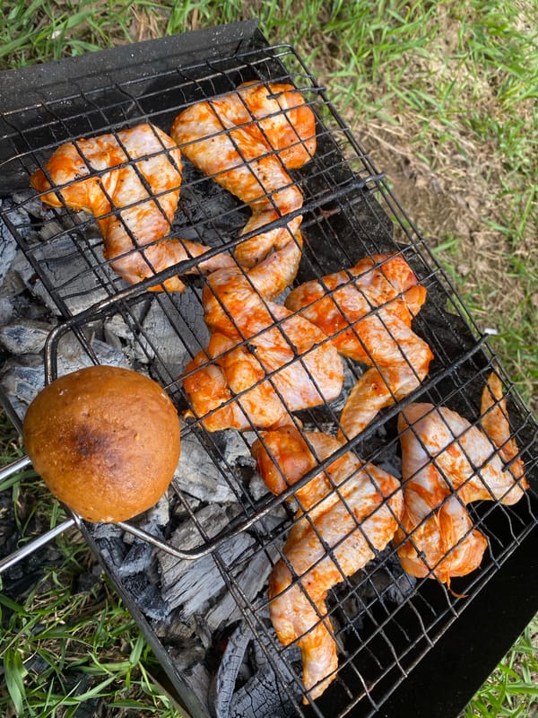 Outdoor grilling session features marinated chicken wings in Zhigalki