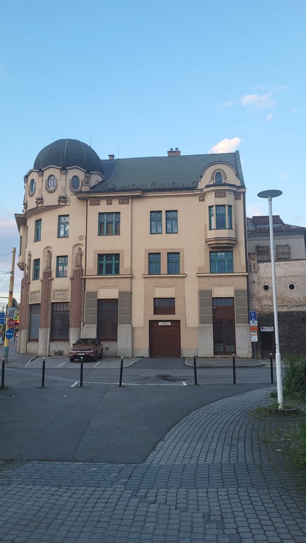 Clear skies frame distinctive architecture in Prešov, Slovakia