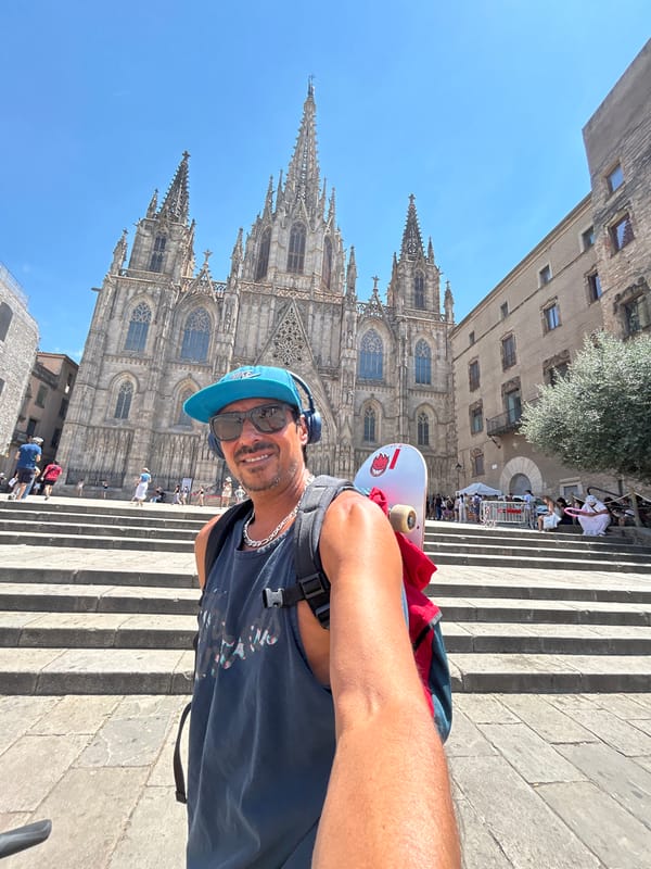 Selfie stop at Barcelona Cathedral with skate gear in tow