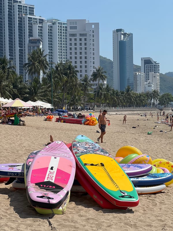 Nha Trang beach day: swimmers, sun gear, and a golden retriever