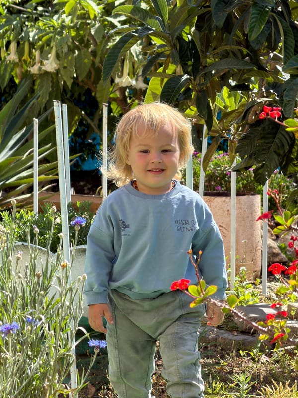 Child plays in garden among flowers in Kiryat Bialik