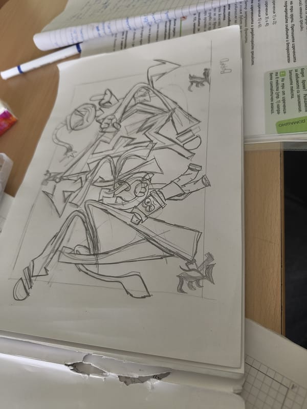 Cartoon sketch with abstract shapes drawn in Sofia notebook