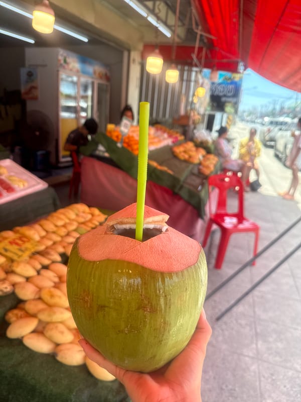 Tropical fruit stall in Ko Samui, coconut in hand