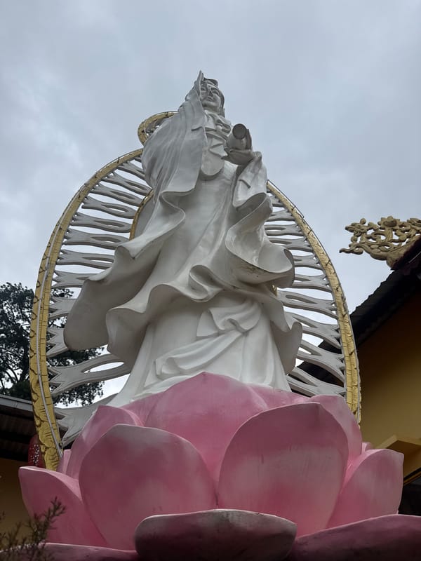 Buddhist temple complex and Da Lat streets, morning