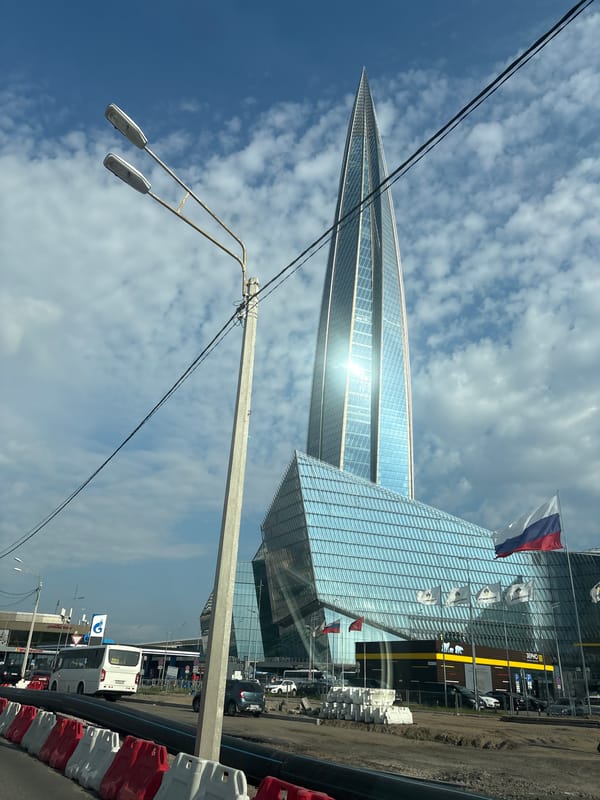 Lakhta Center's twisted glass tower under Saint Petersburg skies