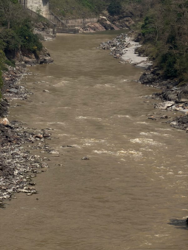 Trishuli River documented at Aanbu Khaireni with dam structure