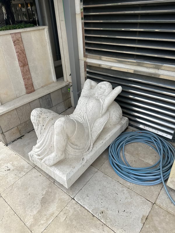 Tourist explores Montenegro coastal resorts, documents sculptures and spring blooms