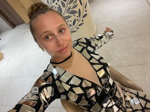 Mirrored bodysuit try-on and casual home snapshots