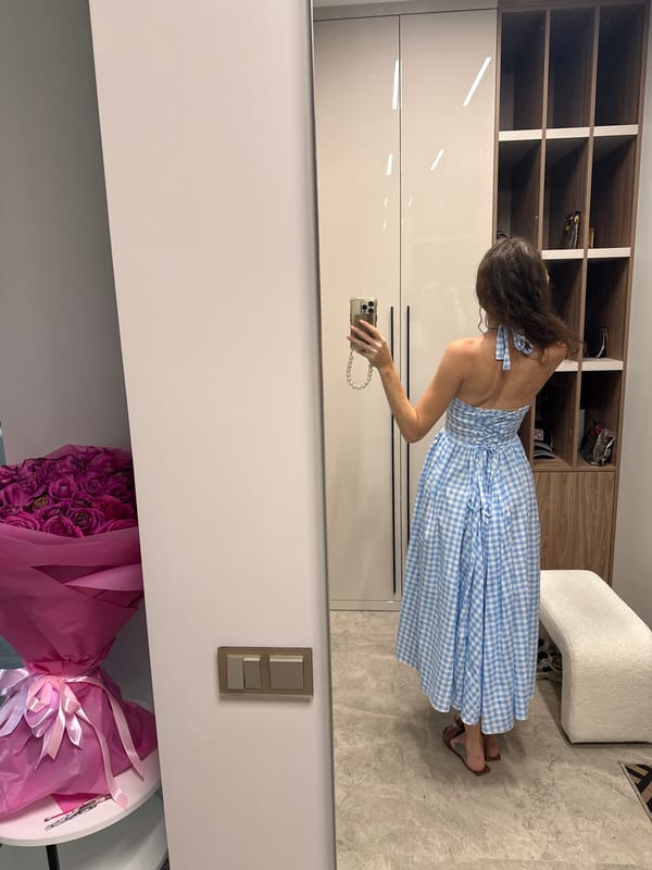 Mirror selfie in a Khimki dressing room, blue checkered dress