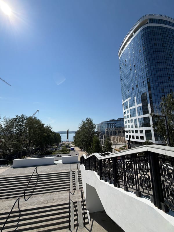 Summer morning on Izhevsk's modern waterfront and city center