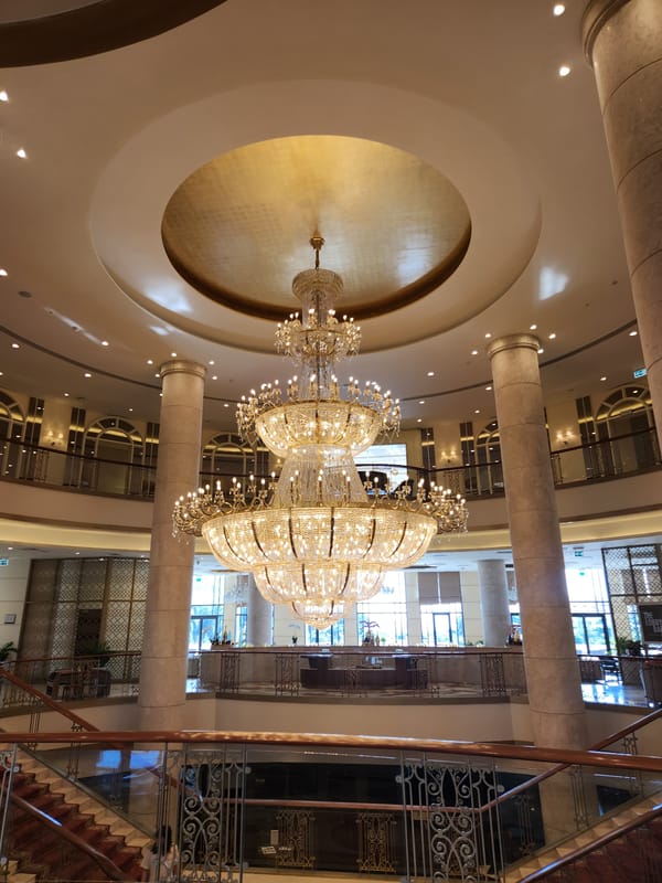 Inside a grand hotel lobby in Da Nang, Vietnam