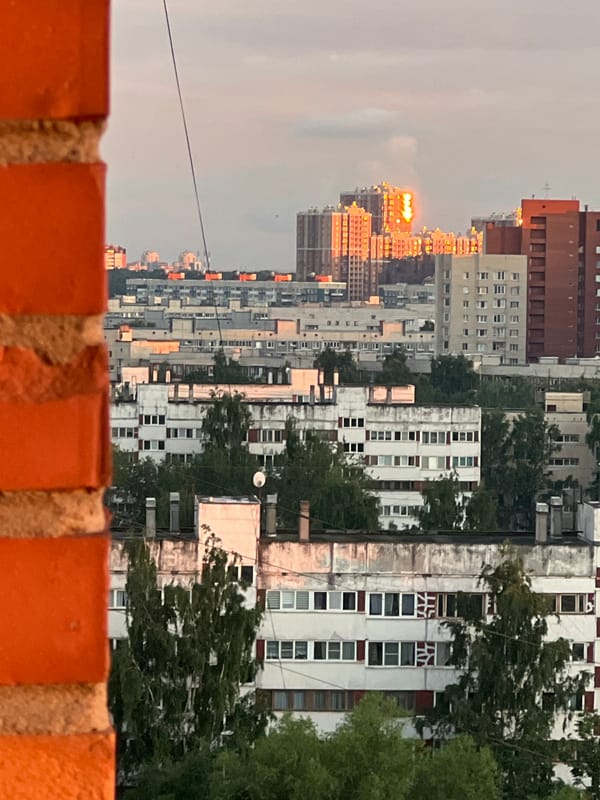 City skyline at golden hour, up close and from above