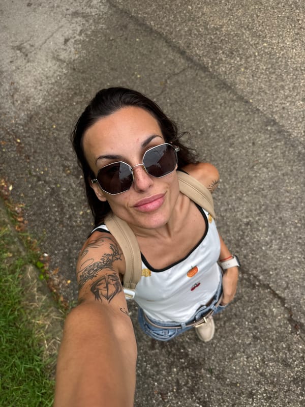 Woman takes outdoor selfie in Pleven, Bulgaria