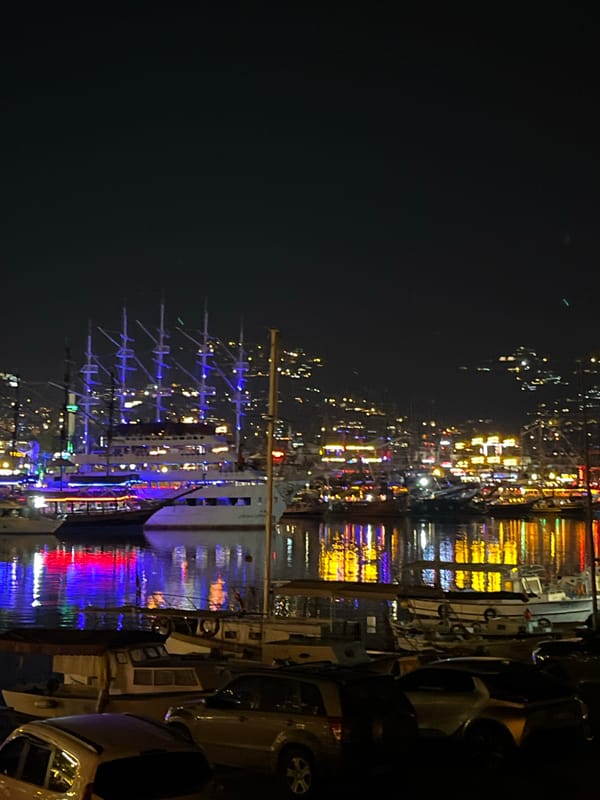 Nighttime harbor scenes captured in Alanya, Turkey coastal district